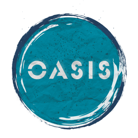 Relaxing Oasis logo with blue watercolor background and white text.