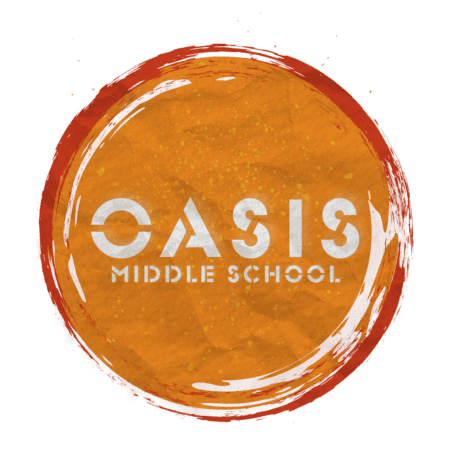 Oasis Middle School logo, orange circular emblem with white text.