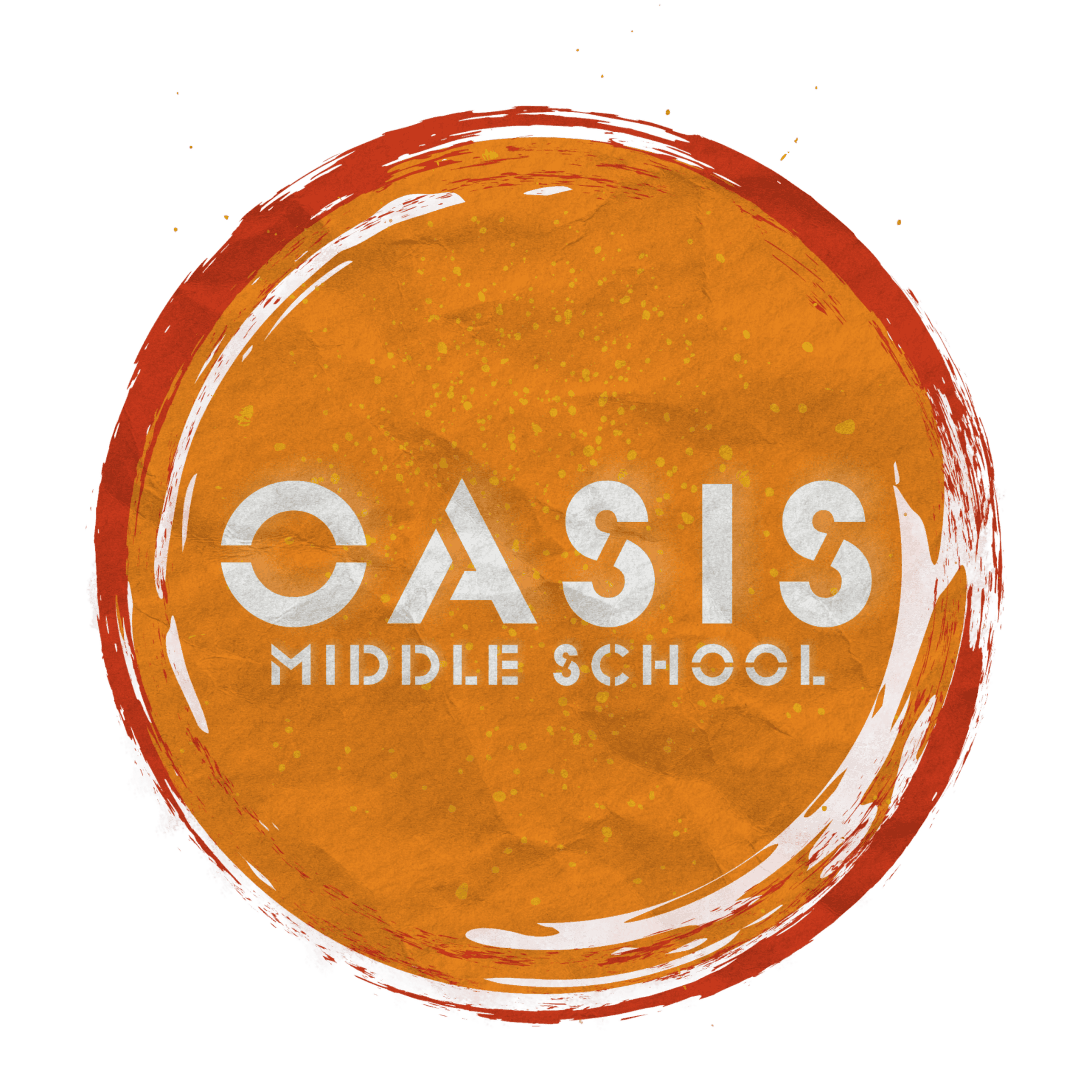 Oasis Middle School logo, orange circular emblem with white text.